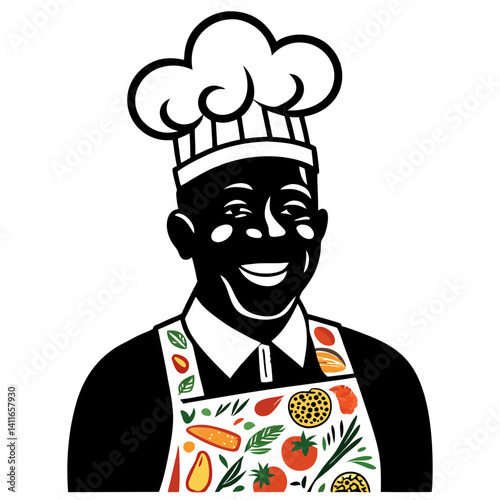 Cheerful Chef Wearing Colorful Apron with Fresh Vegetables and Fruits for Cooking Design