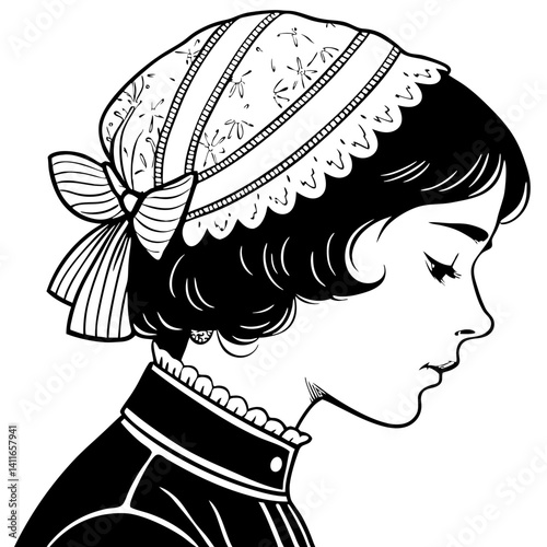 Elegant Vintage Lady Silhouette with Bonnet and Bow for Tattoo Design and Coloring Book Art