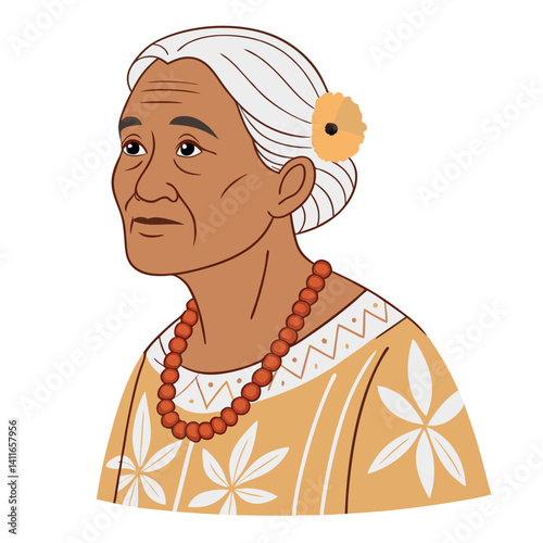 Elderly Woman Portrait with Traditional Hawaiian Dress and Cultural Jewelry for Art Projects