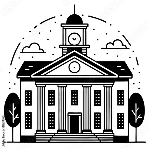 Classic Architectural Building Design with Tall Columns Clock Tower and Decorative Details