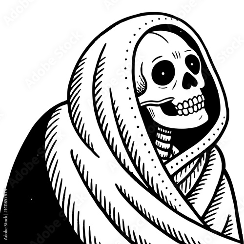 Creepy Skeleton Wrapped in Blanket Monochrome Illustration for Tattoos and Coloring Books