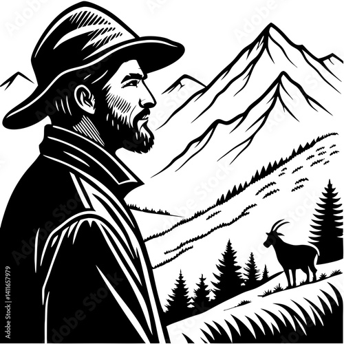 Mountain Man Gazing at Goat in Scenic Wilderness Landscape Adventure Illustration