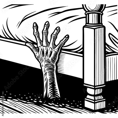Eerie Hand Reaching from Under Bed for Horror or Halloween Themes in Artwork and Tattoos