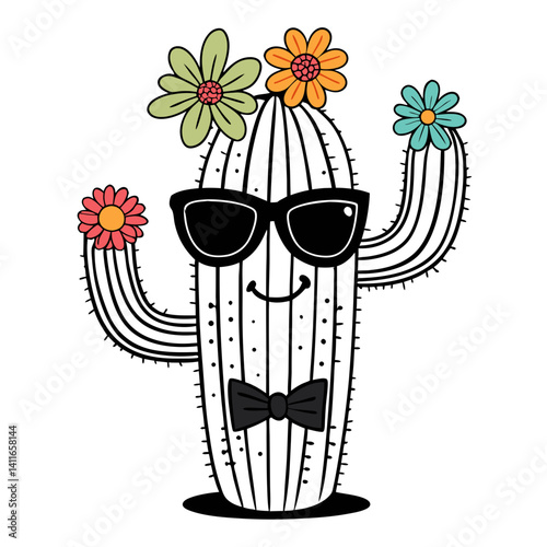 Playful Cartoon Cactus with Sunglasses Bow Tie and Flowers Ideal for Fun Designs and Crafts