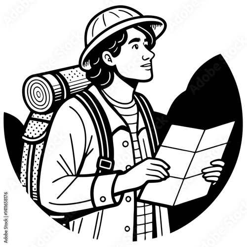 Adventurous Hiker with Map and Backpack Exploring Nature in Vintage Style Illustration