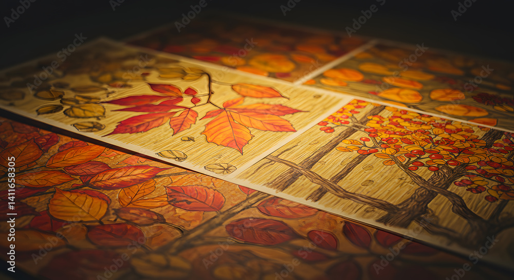 Fototapeta premium Artistic Autumn Leaves Illustration on Display with Warm Colors