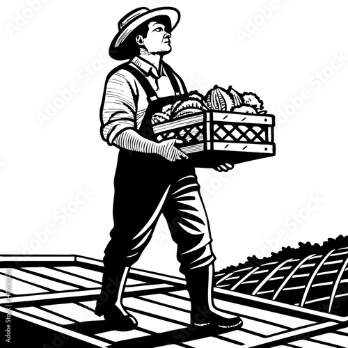Farmer Carrying Harvest Basket of Fresh Vegetables and Fruits on Farm Terrain