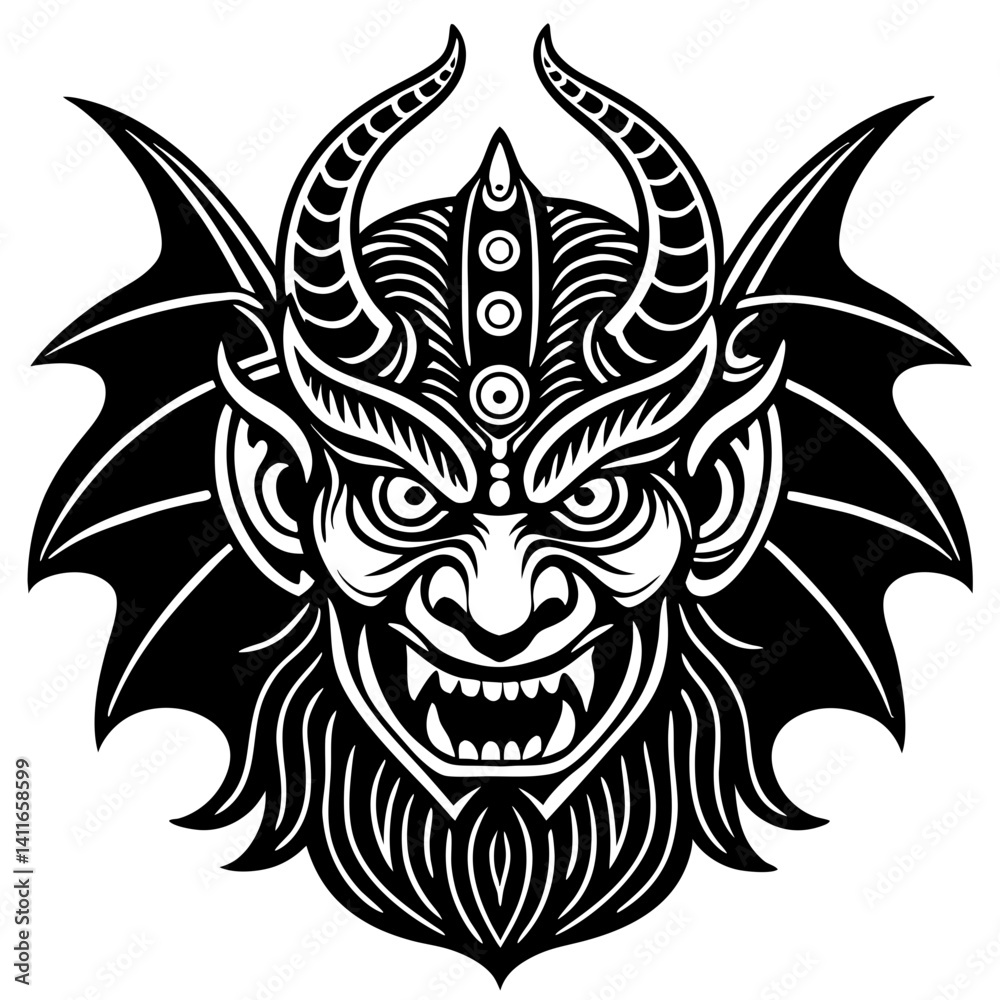 Fototapeta premium Intricate Demonic Mask with Horns and Bat Wings for Tattoo Design and