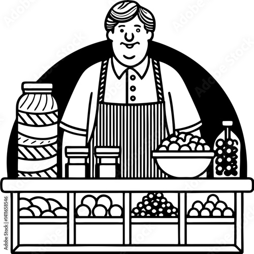 Friendly Grocer Behind Counter with Fresh Produce Jars and Bowls for Market or Shop Design