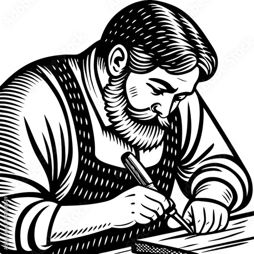 Craftsman Engaged in Woodworking with Chisel Detailed Line Art Vintage Style Illustration