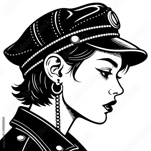 Stylish Female Profile in Cap with Earrings and Jacket Retro Illustration for Tattoo and Design