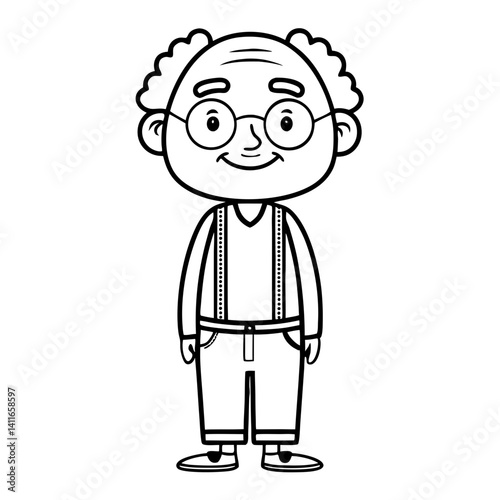 Cheerful Cartoon Grandpa Character with Glasses and Suspenders for Coloring Books and Crafts