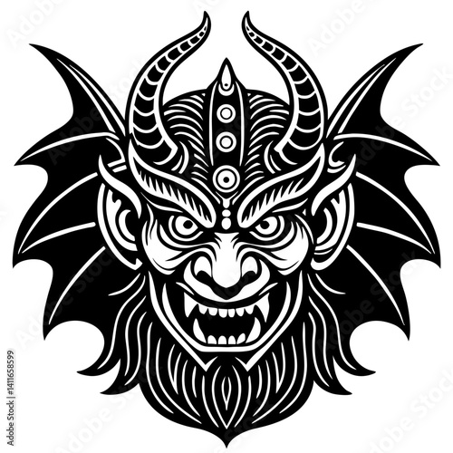 Intricate Demonic Mask with Horns and Bat Wings for Tattoo Design and