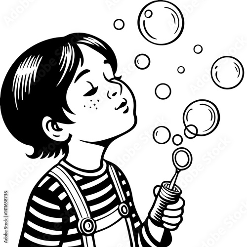 Child Enjoying Bubble Blowing Fun Vector Illustration for Coloring Books and Crafts