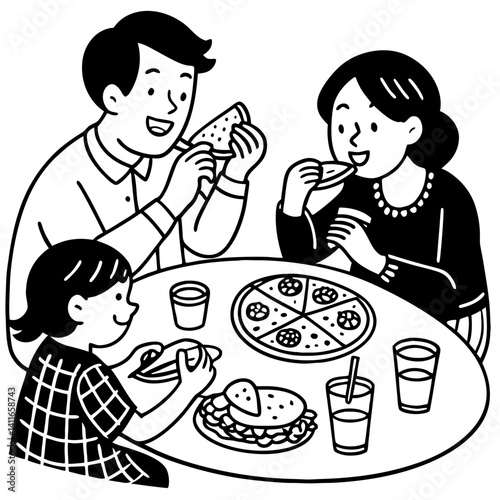 Family Enjoying Delicious Food Together at Table with Pizza Tacos and Drinks