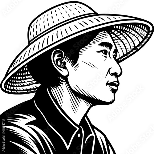 Detailed Portrait of a Farmer in a Straw Hat Ideal for Tattoo Design and Coloring Books