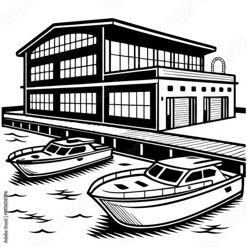 Modern Marina with Boats and Boathouse Vector Illustration for Design Projects