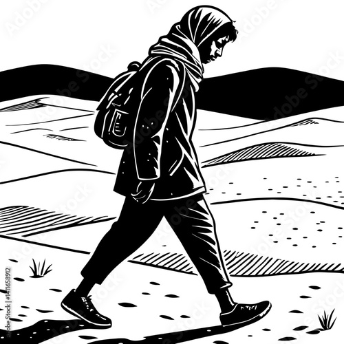 Lonely Traveler Walking Through Desert Landscape with Backpack and Scarf