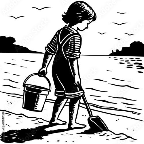 Child Playing at the Beach with Bucket and Shovel Enjoying a Summer Day Outdoors