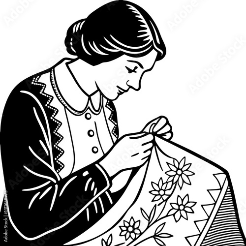 Woman Embroidering Floral Patterns Traditional Sewing Crafting Design