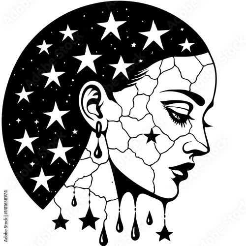 Elegant Woman with Starry Hair and Dripping Tears Abstract Vector Design for Tattoo Art