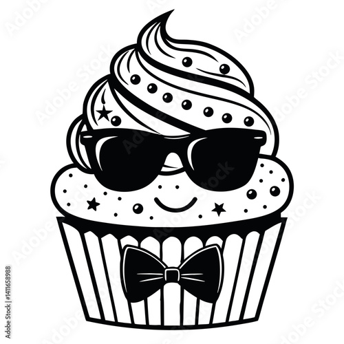 Cool Sunglasses Cupcake with Bowtie Cute Smiling Character for Party Decorations and Printables