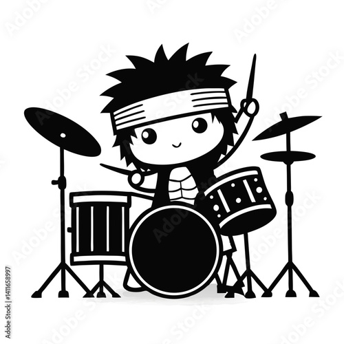 Cute Cartoon Drummer Character Playing Drum Set with Enthusiasm for Music and Art Projects