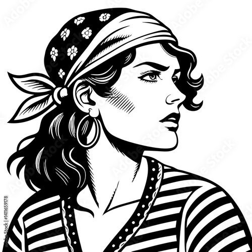 Vintage Inspired Female Pirate Portrait with Headscarf and Striped Shirt for Creative Projects