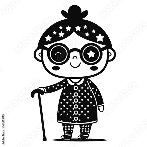 Whimsical Cartoon Grandmother Character with Starry Glasses and Cane for Inspirational Designs