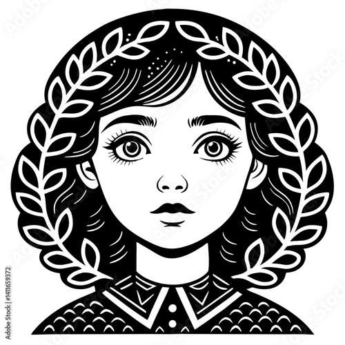 Elegant Girl Portrait with Floral Wreath for Tattoo Design and Coloring Book Inspiration