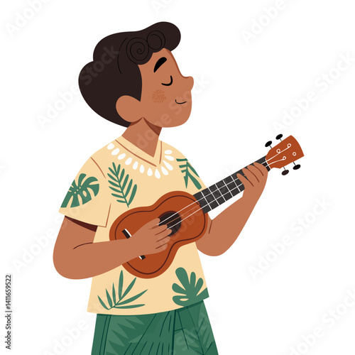 Boy Playing Ukulele in Tropical Shirt with Leaf Patterns Relaxing Music Vibes