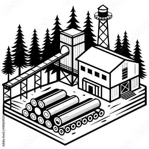 Lumber Mill Industrial Operations with Log Storage and Tower in Forest Environment