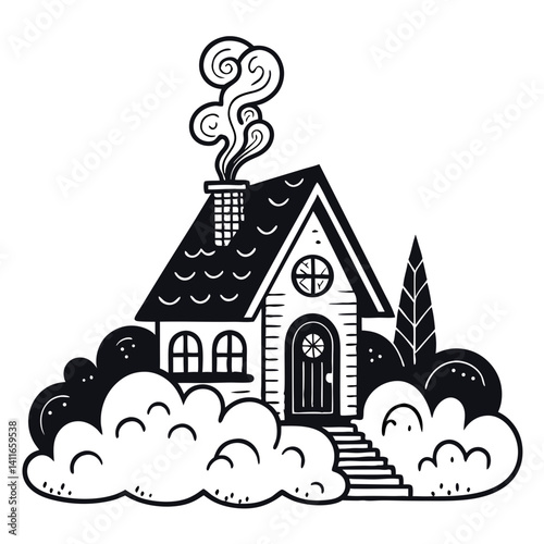 Cozy Hand-Drawn House Surrounded by Clouds and Trees Ideal for Home Decor and Coloring Books