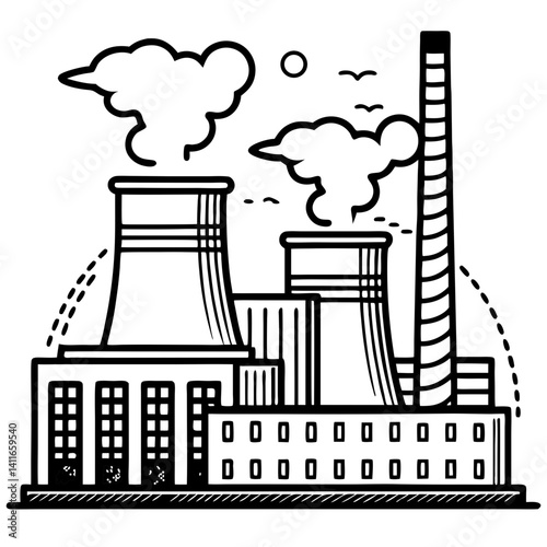 Industrial Power Plant Illustration with Cooling Towers and Emission Chimneys for Engineering Projects