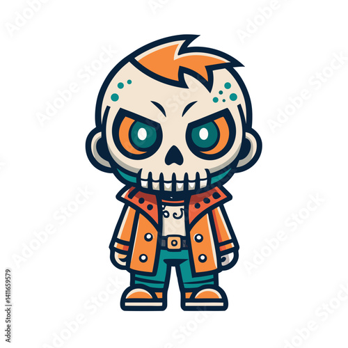 Stylish Skull Character with Orange Hair and Jacket for Tattoo Design or Graphic Art