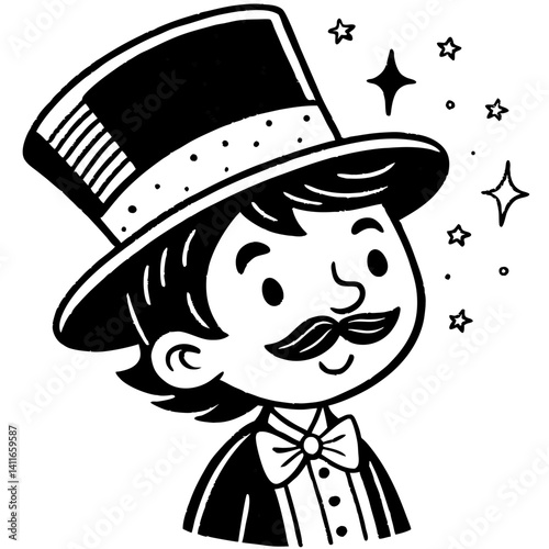 Magician Character in Top Hat with Mustache and Sparkles for Fun Illustrations and Designs