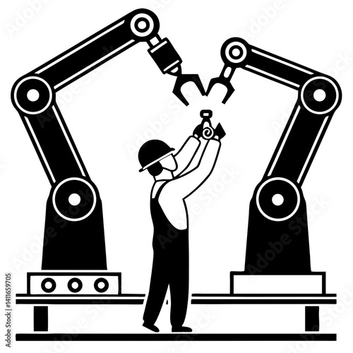 Industrial Automation Worker Interacting with Robotic Arms in Manufacturing Environment