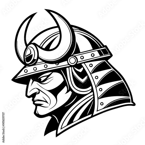 Powerful Samurai Warrior Helmet Profile Illustration for Tattoo Designs or Graphic Novels