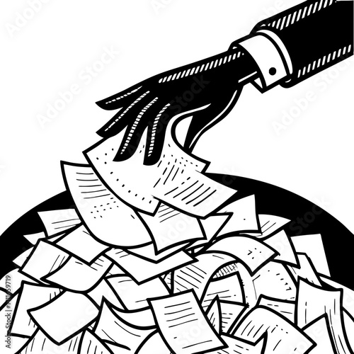 Hand Dropping Papers into Pile Illustrating Organization and Decluttering Concepts