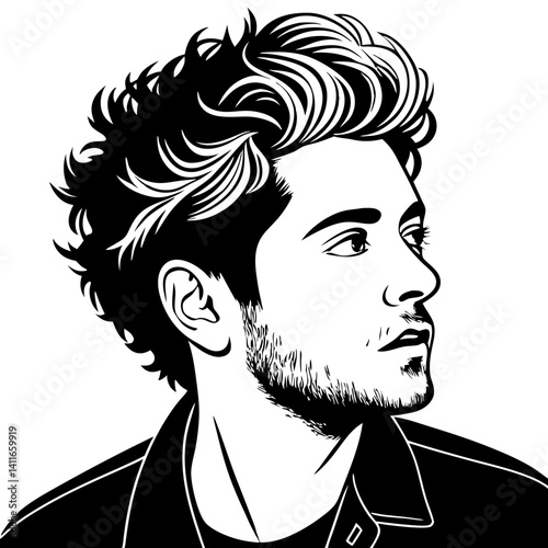 Stylized Black and White Portrait of a Young Man with Artistic Hair Design for Creative Projects