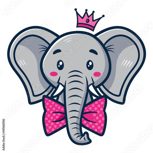 Cute Cartoon Elephant Character with Pink Bowtie and Crown for Kids Illustrations