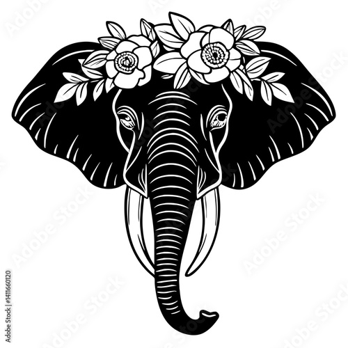 Majestic Elephant Head with Floral Crown Black and White Illustration for Tattoo and Art Design