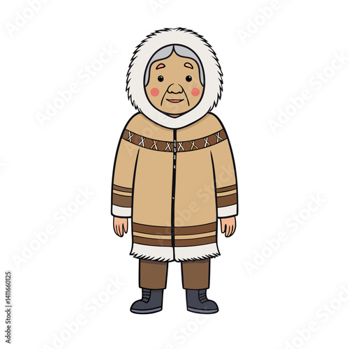 Elderly Inuit Person in Traditional Clothing with Fur Hooded Parka