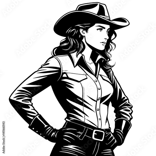 Confident Cowgirl Woman in Western Attire with Hat Standing Strong