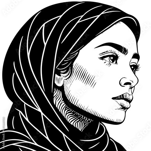 Elegant Woman in Hijab Portrait Vector Art for Tattoo Design and Coloring Book Inspiration