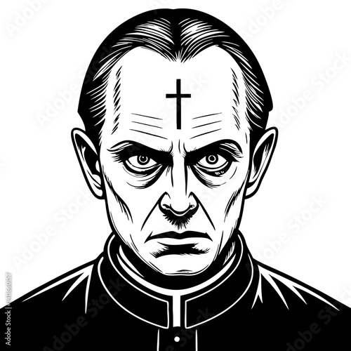 Intense Priest Portrait with Cross Symbol for Tattoo Design and Illustrative Art