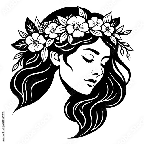 Beautiful Woman with Floral Crown Elegant Hair Illustration for Tattoo and Coloring Book Design