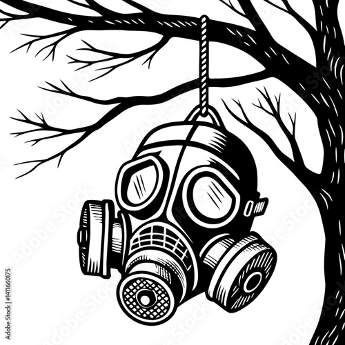 Hanging Gas Mask from a Dead Tree Branch in Monochrome Style for Unique Art Designs