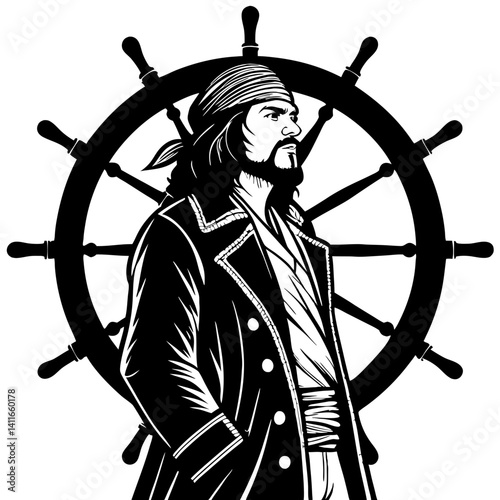 Dramatic Pirate Captain Standing Confidently with Ship's Wheel Vector Art Illustration