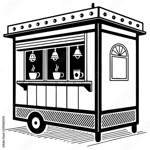 Coffee Cart Vintage Style Mobile Cafe with Coffee Cups and Bells for Design Projects